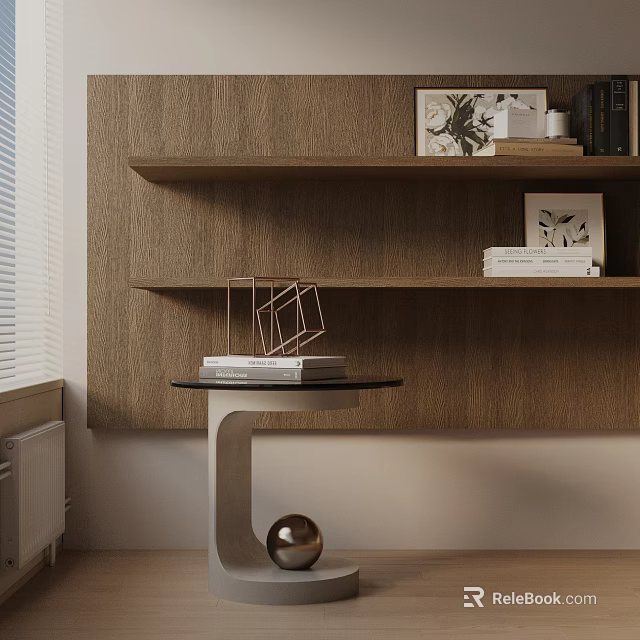 Modern Side Table With Black Top Stacked Books And Metal Ball On Wooden Wall Shelves 3d model 