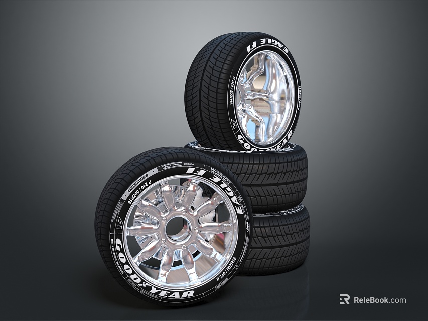 High Performance Sport Car Tires With Silver Alloy Wheels Stacked Together 3d model 