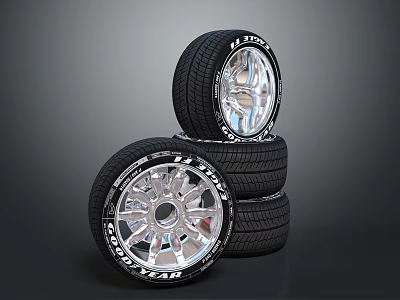 High Performance Sport Car Tires With Silver Alloy Wheels Stacked Together 3d model