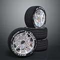 High Performance Sport Car Tires With Silver Alloy Wheels Stacked Together