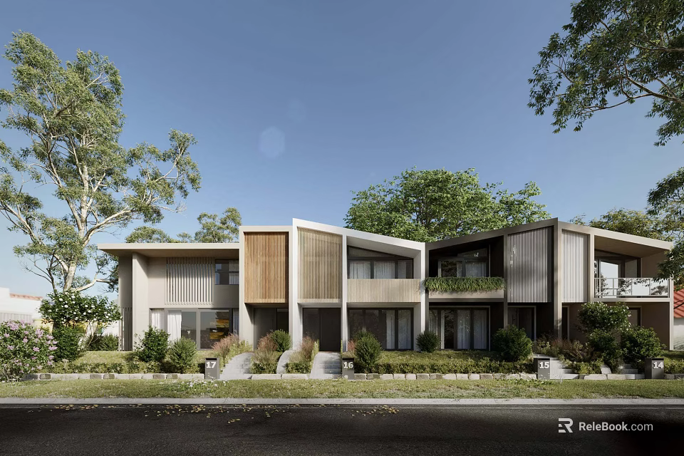 Modern Townhouse Exterior Design With Greenery Lawn Trees And Blue Sky 3d model 