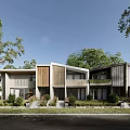Modern Townhouse Exterior Design With Greenery Lawn Trees And Blue Sky