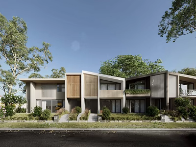 Modern Townhouse Exterior Design With Greenery Lawn Trees And Blue Sky 3d model
