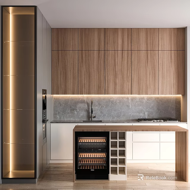 Modern Kitchen Design With Wooden Cabinets Wine Cooler Stone Countertop And LED Lighting 3d model 