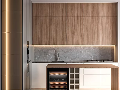 Modern Kitchen Design With Wooden Cabinets Wine Cooler Stone Countertop And LED Lighting 3d model