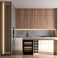 Modern Kitchen Design With Wooden Cabinets Wine Cooler Stone Countertop And LED Lighting