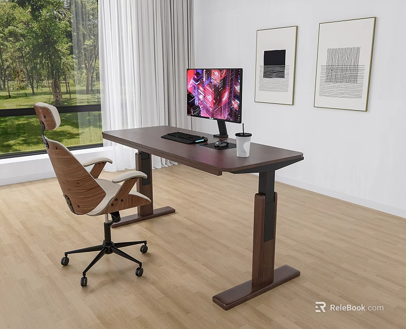 Adjustable Height Wooden Desk With Monitor Keyboard Mouse And Mug Beside Ergonomic Chair Near Window 3d model 