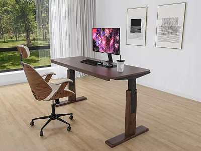 Adjustable Height Wooden Desk With Monitor Keyboard Mouse And Mug Beside Ergonomic Chair Near Window 3d model