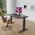 Adjustable Height Wooden Desk With Monitor Keyboard Mouse And Mug Beside Ergonomic Chair Near Window