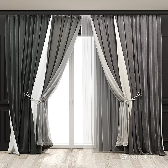 Elegant Dark And Light Double Layer Curtains With Sheer Panels And Tiebacks For Window 3d model 