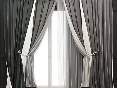 Elegant Dark And Light Double Layer Curtains With Sheer Panels And Tiebacks For Window 3d model