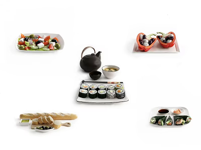 Colorful Assorted Food Platter With Salad Sushi Bread Teapot And Vegetables 3d model