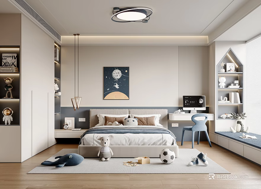 Modern Kids Room Interior Design With Bed Stuffed Toy Soccer Ball Desk Chair And Rug 3d model 