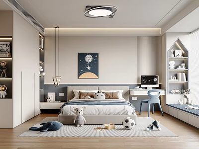 Modern Kids Room Interior Design With Bed Stuffed Toy Soccer Ball Desk Chair And Rug 3d model