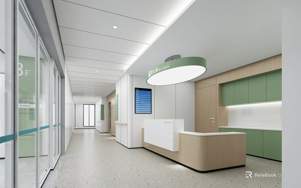Modern Hospital Outpatient Clinic Corridor With Reception Desk Green Cabinets And Glass Doors 3d model 