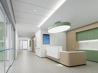 Modern Hospital Outpatient Clinic Corridor With Reception Desk Green Cabinets And Glass Doors 3d model