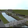 Landscape Bridge With Wooden Railing Over Small River Connecting Green Lawn And Paved Area