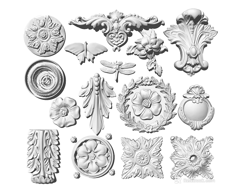 Ornate Carved Decorative Elements With Floral Butterfly Dragonfly Leaf Circular Square Patterns 3d model 