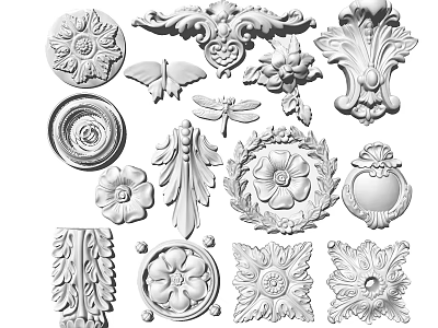 Ornate Carved Decorative Elements With Floral Butterfly Dragonfly Leaf Circular Square Patterns 3d model