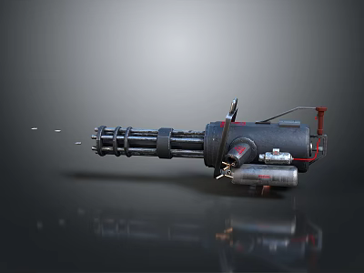 Military Style Rotary Barrel Weapon Featuring Black Metal Body And Red Accents 3d model