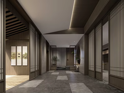 Traditional Style Hotel Corridor Interior With Lattice Doors Wooden Decor Artwork Plants And Lighting 3d model