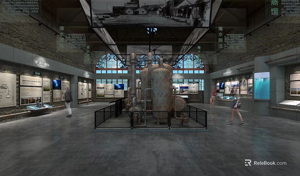 Industrial Museum Interior Featuring Large Vintage Equipment Display Boards And Visitors 3d model 