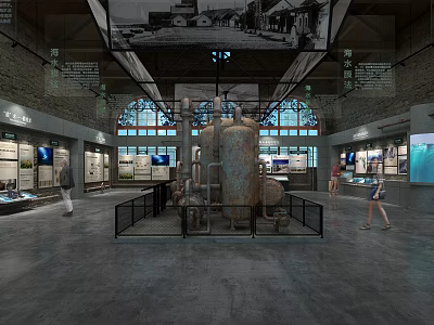 Industrial Museum Interior Featuring Large Vintage Equipment Display Boards And Visitors 3d model