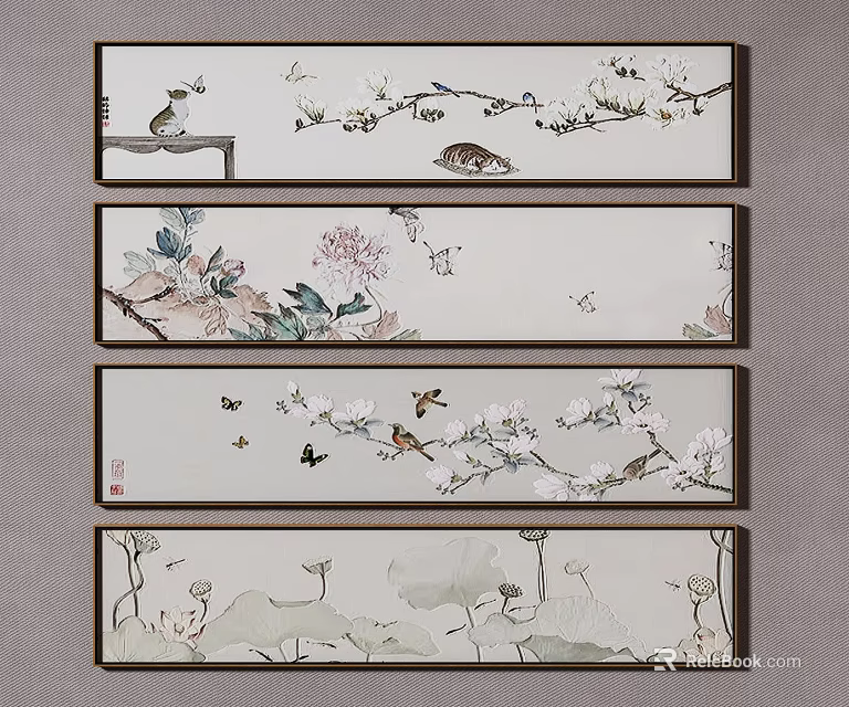 Traditional Chinese Plant Paintings with Birds Butterflies Lotus and Plum Blossoms for Wall Decor 3d model 