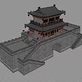 Ancient City Gate Tower Architecture With Gray Brick Walls Wooden Pavilion Red Decorations And Reflection