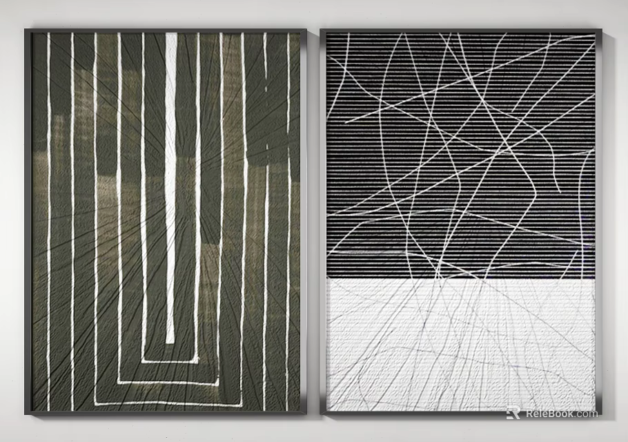 Modern Abstract Wall Art with Textured Line Patterns in Dark and Black White 3d model 