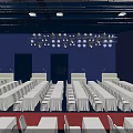 Well Lit Spacious Banquet Hall With Long Tables White Tablecloths And Chairs