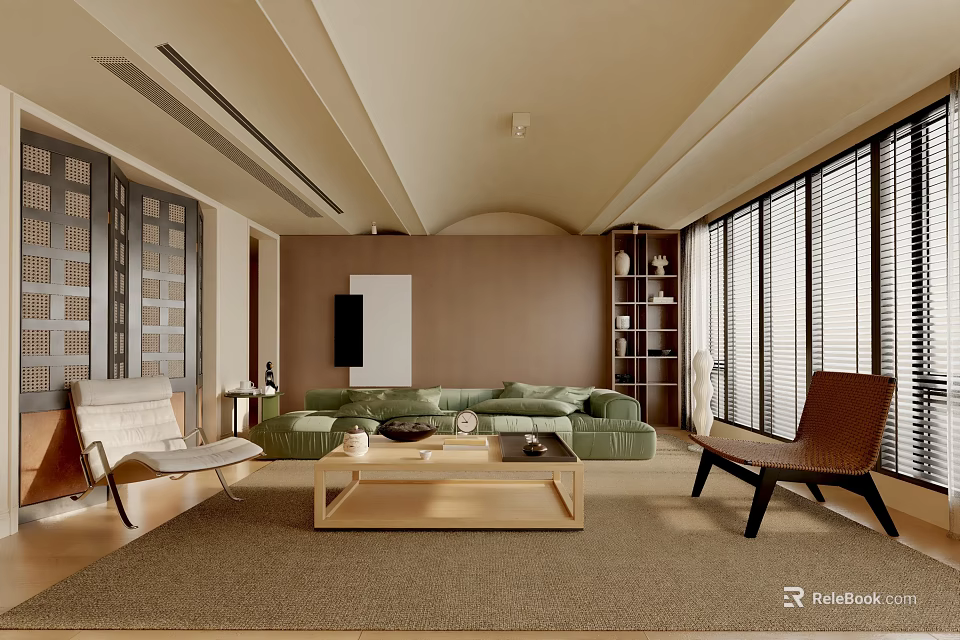 Modern Living Room Interior With Green Sofa Wooden Coffee Table And Accent Chairs 3d model 