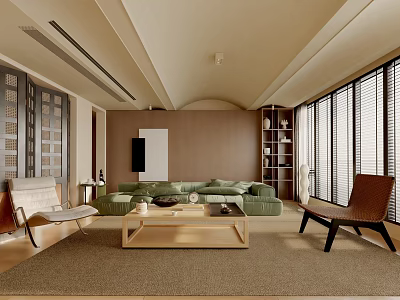 Modern Living Room Interior With Green Sofa Wooden Coffee Table And Accent Chairs 3d model
