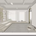 Modern Interior Design With Wooden Elements Large Windows Stepped Seating Bookshelves Plants And Decorative Sculptures