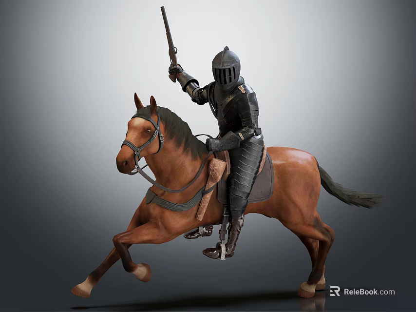 Game Movie Character in Armor Riding Running Brown Horse Holding Spear 3d model 