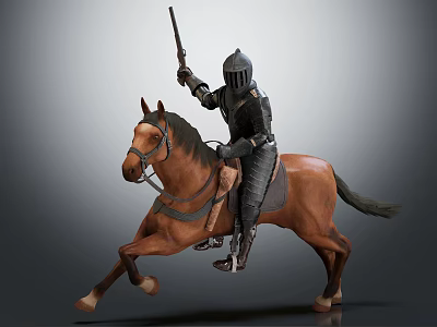 Game Movie Character in Armor Riding Running Brown Horse Holding Spear 3d model