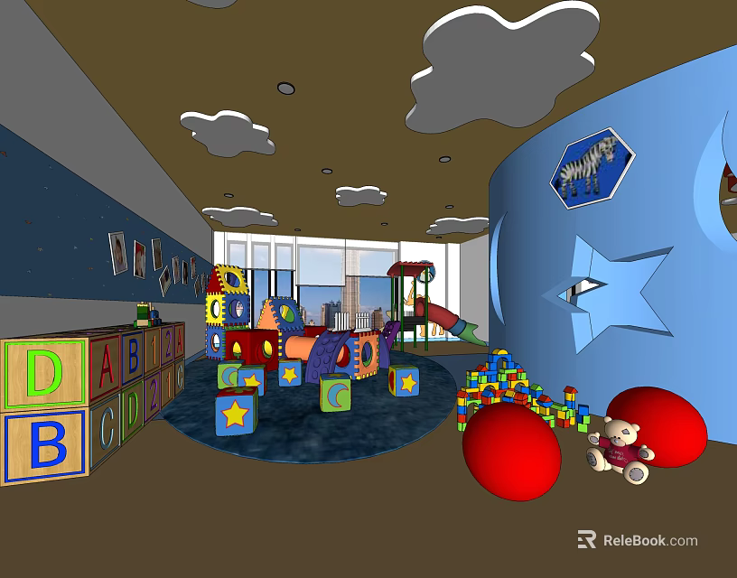Colorful Kindergarten Playroom With Alphabet Blocks Slide Cloud Decorations And Red Balls 3d model 