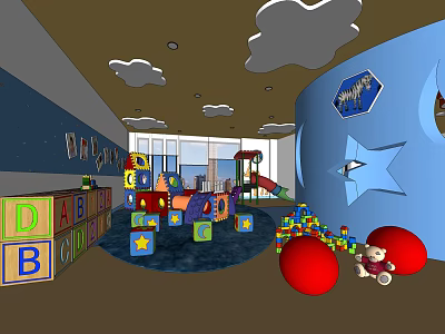 Colorful Kindergarten Playroom With Alphabet Blocks Slide Cloud Decorations And Red Balls 3d model
