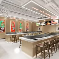 Modern Restaurant Interior Design With Long Counter Bar Stool Seating And Digital Menu Displays