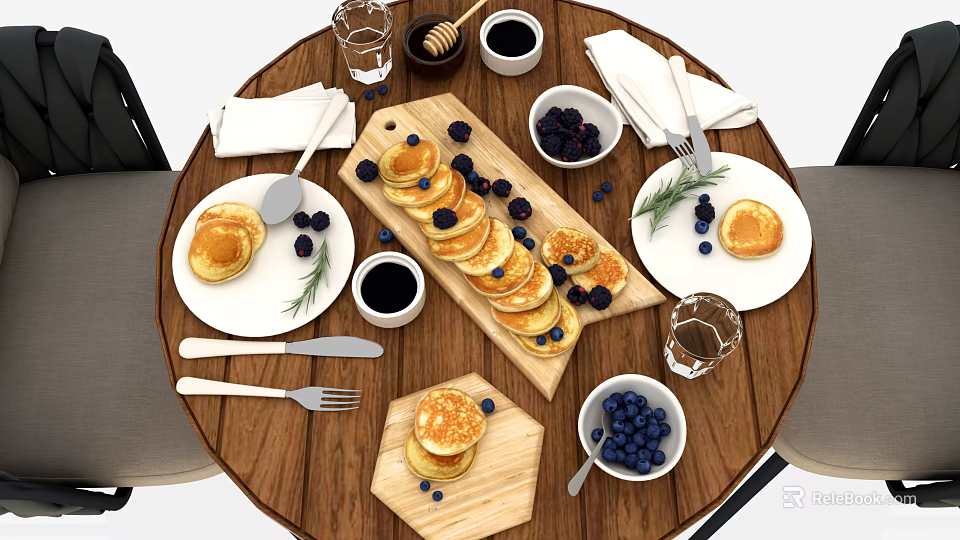 Delicious Homemade Pancakes With Blueberries Honey Rosemary And Black Coffee On Wooden Table 3d model 