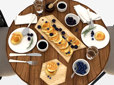 Delicious Homemade Pancakes With Blueberries Honey Rosemary And Black Coffee On Wooden Table 3d model
