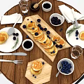 Delicious Homemade Pancakes With Blueberries Honey Rosemary And Black Coffee On Wooden Table