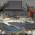 Traditional Ancient Architecture With Classic Roof Pond Stone Bridge Rocks And Trees