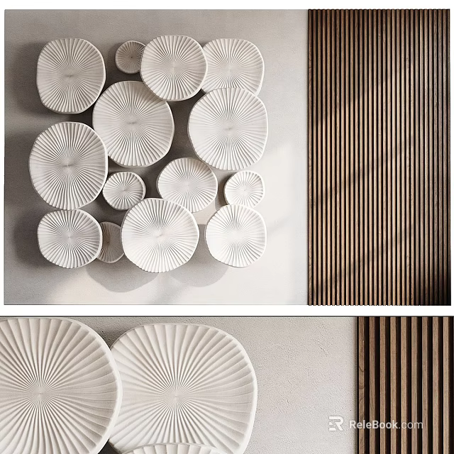White Circular Wall Hangings With Radial Texture And Wooden Stripes For Modern Wall Decoration 3d model 