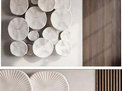 White Circular Wall Hangings With Radial Texture And Wooden Stripes For Modern Wall Decoration 3d model