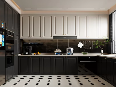 Modern Kitchen Interior With Black And White Cabinets Tiled Backsplash And Diamond Floor 3d model