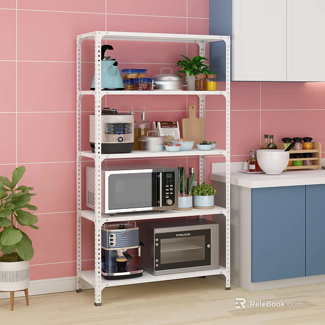 Bathroom Cabinet Rack With Multiple Storage Tiers Pink Wall And Green Plants 3d model 