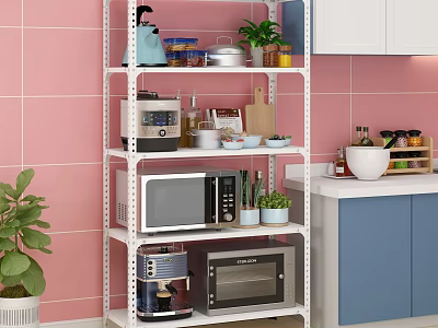 Bathroom Cabinet Rack With Multiple Storage Tiers Pink Wall And Green Plants 3d model