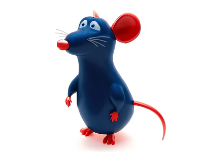 3D Cartoon Blue Mouse Toy With Red Ears Nose Paws And Tail On White Background 3d model