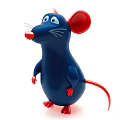 3D Cartoon Blue Mouse Toy With Red Ears Nose Paws And Tail On White Background